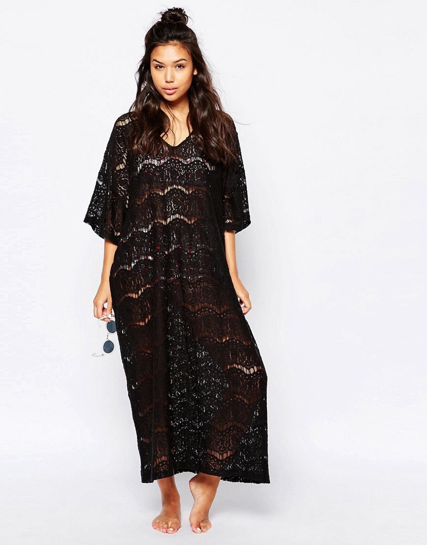 F4570-2  All Over Lace Beach Maxi Dress Black Women Beachwear